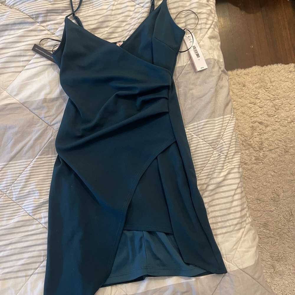 Bloomingdale's Green Asymmetrical Ruched Mini Dress